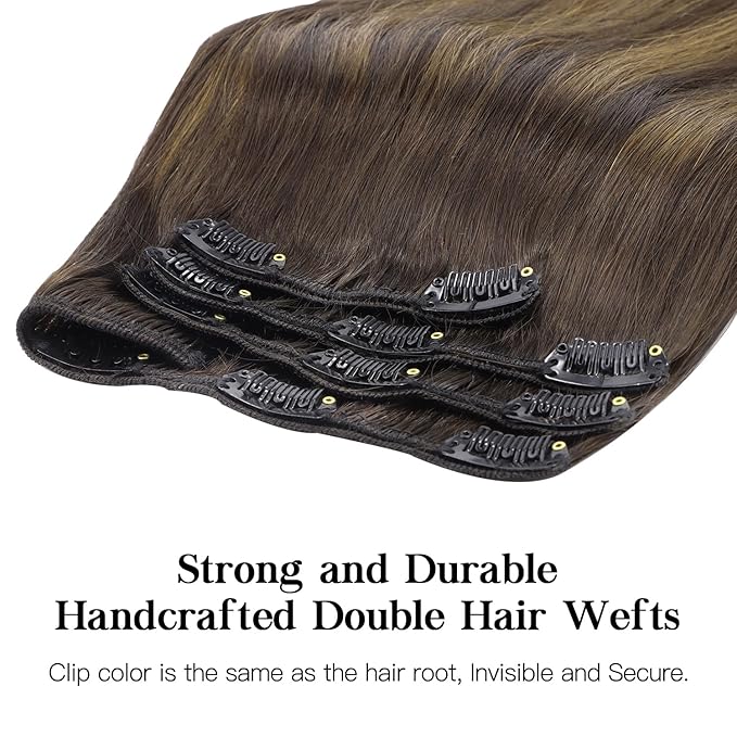HOTBANANA Human Hair Clip in Hair Extensions, Balayage Dark Brown Mixed Chestnut Brown 75g Clip in Hair Extensions Real Human Hair Straight Remy Hair Dark Roots Ombre 12 Inch 7pcs