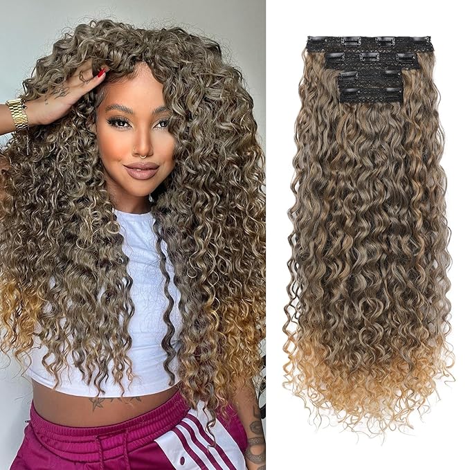 LONAI 4PC Clip in Hair Extensions, 100％ Pure Protein Silk Curly Hair Extension for Women, 26 Inch Long Soft Natural Hair Extensions-Dark Almond brown with copper Medium Brown to Blonde