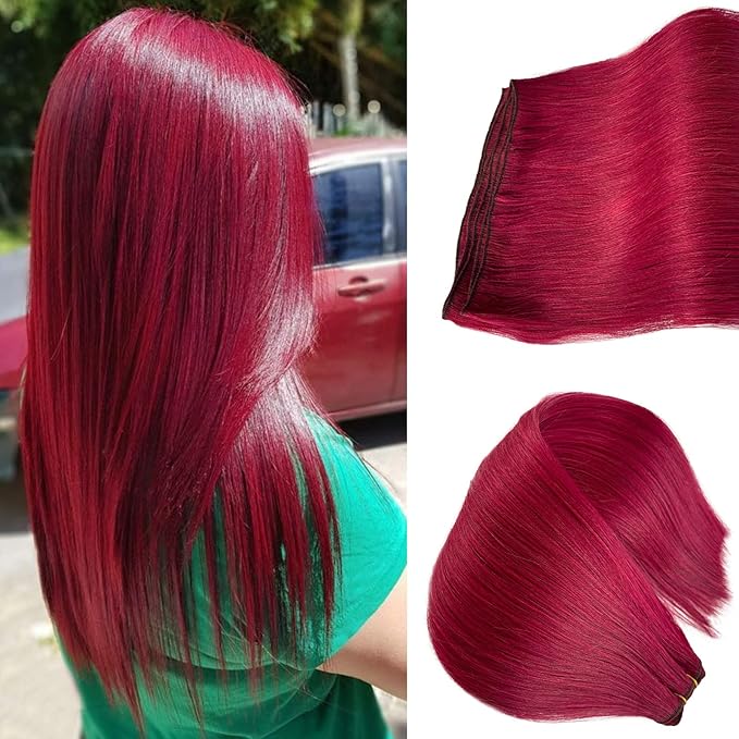 Burgundy Sew in Weft Hair Extensions Human Hair, 24 Inch 120G Long Straight Human Hair Bundles Double Weft Burgundy Wine Red Hand Tied Hair Extensions Real Human Hair Sew in for Women