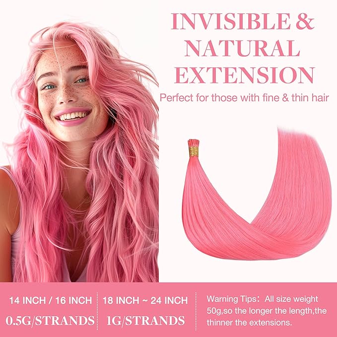 GOO GOO Colored I Tip Hair Extensions, Real Human Hair, 20inch 50g 50S, Cold Fusion I Tip, Invisible Remy, Light Pink