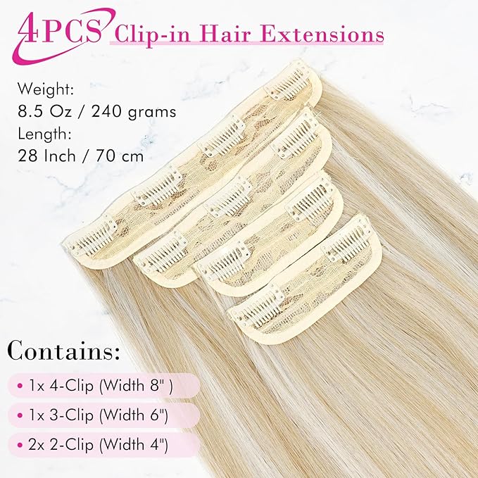 REECHO 28" Straight Long 4 PCS Set Thick Clip in on Hair Extensions -Ash Blonde with Highlights