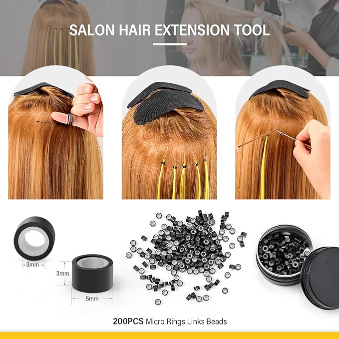 Gomake Microlinks Hair Extensions Kit, Hair Extension Closer and Removal Pliers, Micro Beads Pulling Hook & Microbead Loop Tool, Micro Links Silicone Rings Bead 200PCS(Gold)