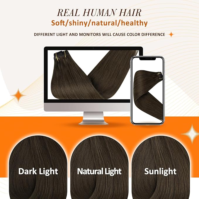 Full Shine Seamless Clip in Hair Extensions Human Hair Brown Remy Hair Extensions Clip in Darkest Brown Straight Natural Hair Extension for Women 12 Inch 8 PCS 95 G