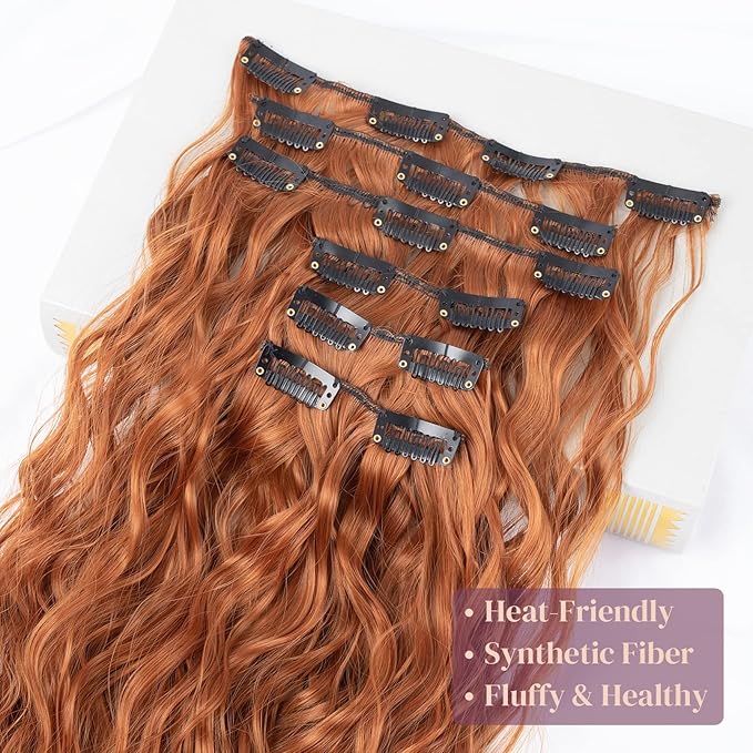 LONAI Clip In Hair Extensions, 6PCS Curly 24" Long Synthetic Clip On Hairpiece For Women-Copper Red