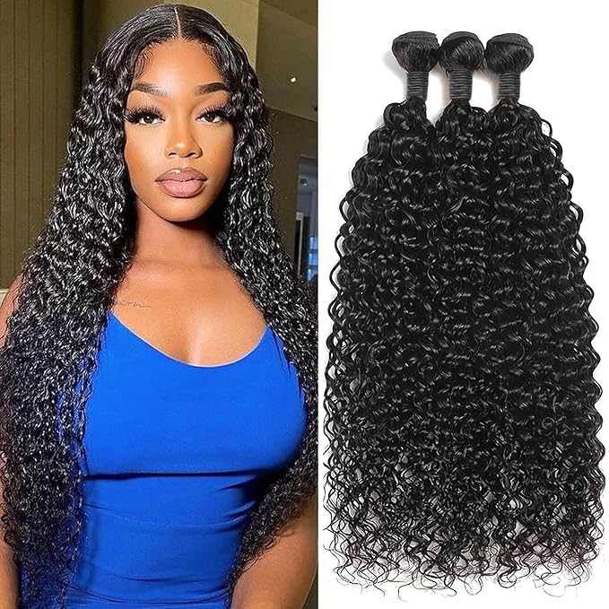 Water Wave Human Hair Bundles 16 18 20 Inch 12A Deep Curly Bundles Human Hair 100% Unprocessed Wet and Wavy Bundles Human Hair Extensions Natural Black