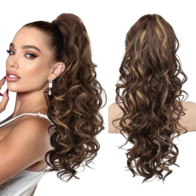 REECHO Ponytail Extension, 20" Claw Clip Ponytail Extension Curly Clip in Ponytail Long Pony Tails Hair Extensions for Women Synthetic Hairpiece, Chestnut Brown with Golden Highlights