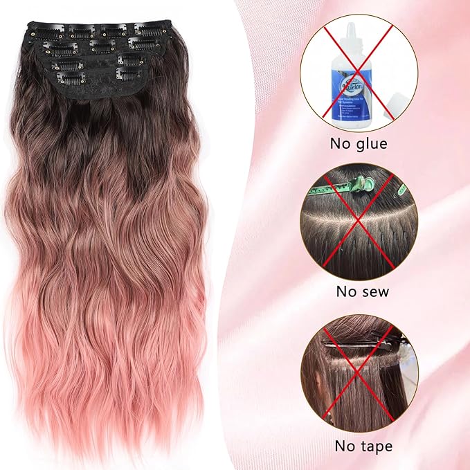 20 Inch Clip in Hair Extensions Long Wavy Synthetic Hair Extensions Thick Pink Hair Extension Clip ins Double Weft Hair Extension for Women (20INCH, PINK)