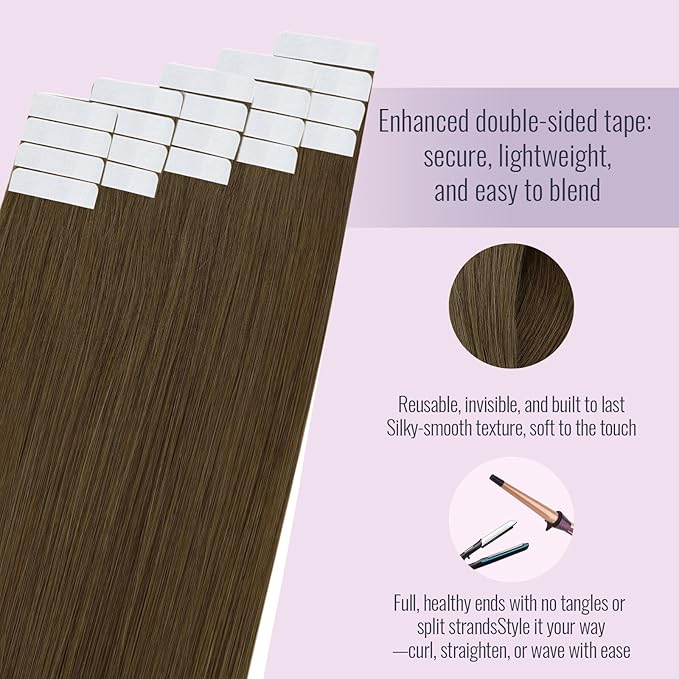 Fshine Tape in Hair Extensions 20 Inch Chocolate Brown Straight Natural Human Hair 20 pcs Skin Weft 50 g Thick Ends,Designed to Boost Volume & Length