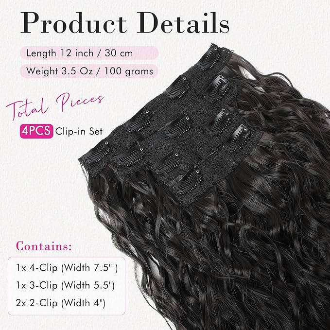 REECHO Clip in Hair Extensions - 12" Short Curly Wavy Hairpieces, Invisible Lace Weft, Natural Soft, Black Brown