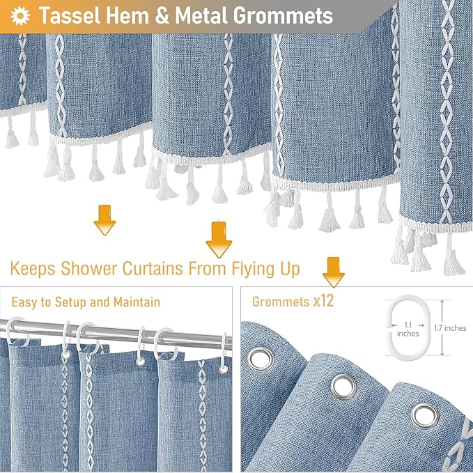 BTTN Boho Farmhouse Shower Curtain - Linen Rustic Heavy Duty Striped Fabric Shower Curtain Set, Bohemian Vintage Country Cloth Shower Curtains for Bathroom, Blue, 72" W x 96" L (Pack of 1)
