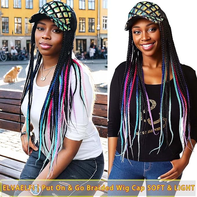 Cooling Mesh Baseball Cap Wig 24" Multi-colored Box Braid Hair Extensions, Long Braided Hair for Women Girls