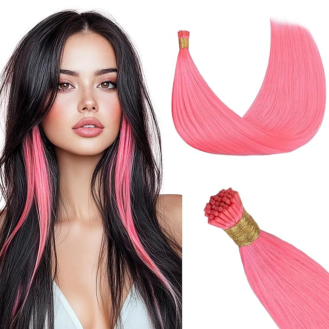 GOO GOO Colored I Tip Hair Extensions, Real Human Hair, 16inch 50g 100S, Cold Fusion I Tip, Invisible Remy, Light Pink