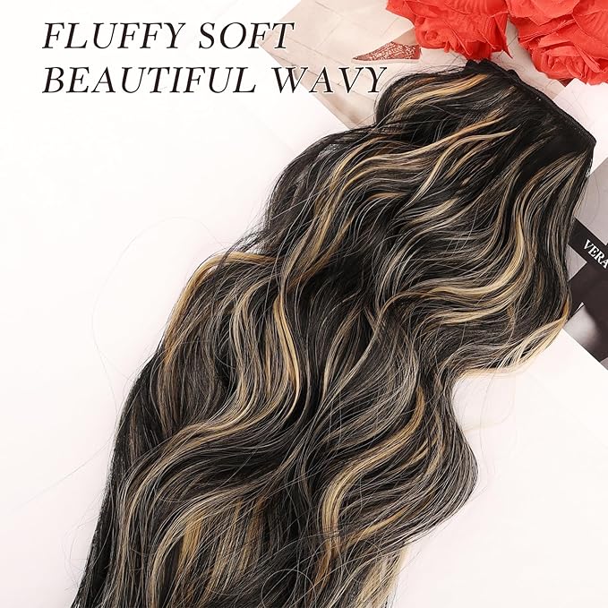 NAYOO Clip in Hair Extensions for Women 20 Inch Long Wavy Curly Black Mix Blonde Hairpieces Full Head Synthetic Hairpieces (6PCS, Black Mix Blonde)