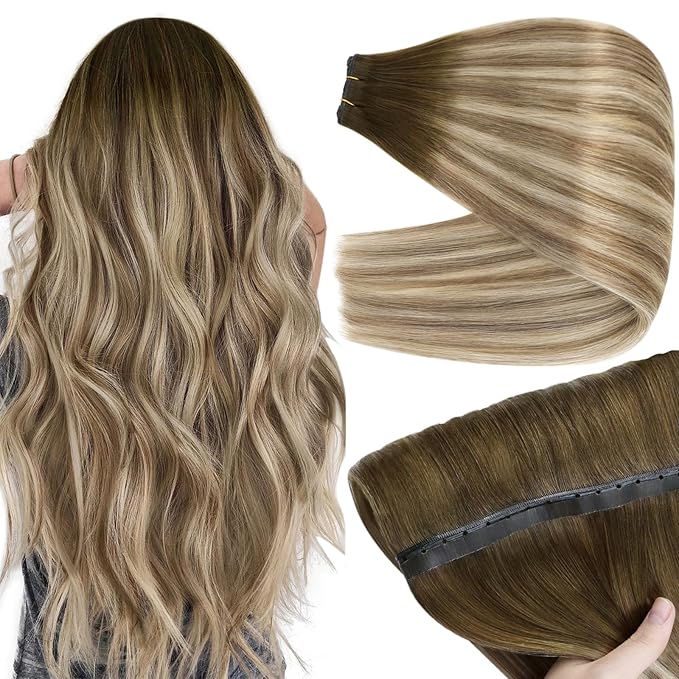 Full Shine Butterfly Weft Hair Extensions Human Hair Color Dark Brown To Light Brown Mix Blonde Ovo Weft Extensions Soft Remy Hair Invisible Pu Hole Weft Real Hair 18 Inch For Wedding 100G