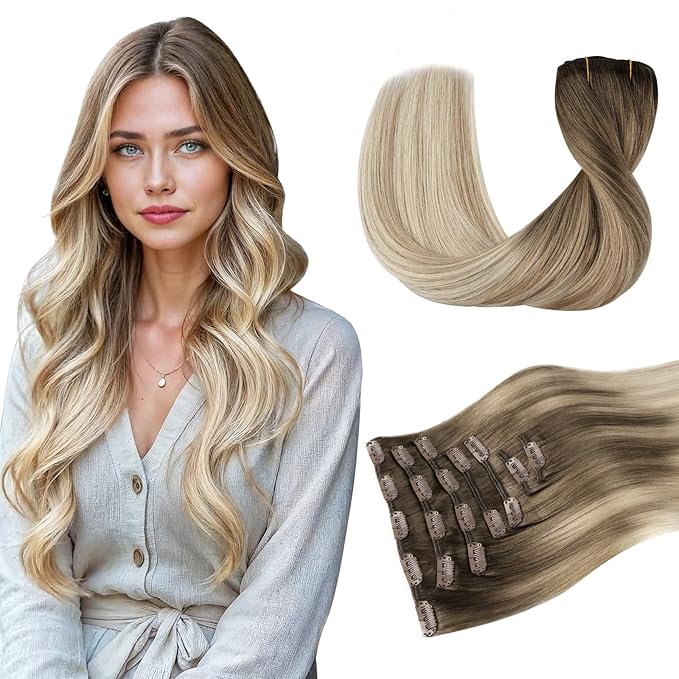 DOORES Clip in Hair Extensions Ash Brown to Dirty Blonde Balayage Platinum Blonde 120g 7pcs 16 Inch, Real Human Hair Extensions Clip in Straight Natural Remy Weft