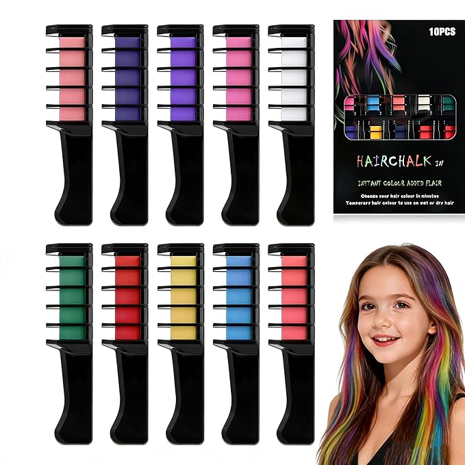10 Colors Festive Fun Hair Chalk Combs, 10 Colors Instant Hair Color Comb Washable Quick Dry Vibrant Temporary Color, 2026 New Chalk Hair Color, for Birthday Party, Christmas Gifts
