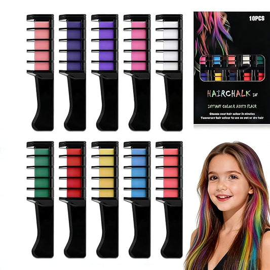 10 Colors Festive Fun Hair Chalk Combs, 10 Colors Instant Hair Color Comb Washable Quick Dry Vibrant Temporary Color, 2026 New Chalk Hair Color, for Birthday Party, Christmas Gifts