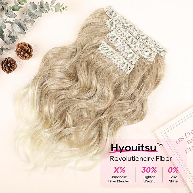 REECHO Clip in Hair Extensions - 14" Short Beach Wavy Hairpieces with Invisible Lace Weft - Natural Soft Hair for Women - Dark Blonde with Light Ends