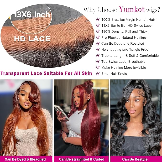 34Inch 13x6 Chocolate Brown Body Wave Lace Front Wigs Human Hair Pre Plucked with Baby Hair 180% Density Full HD Lace Frontal Brown Wigs for Women Colored Wigs