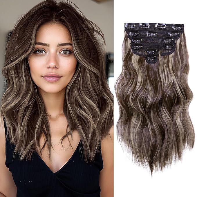 NAYOO Clip in Hair Extensions for Women 14 Inch Short Wavy Curly Dark Brown Mix Blonde Hairpieces Full Head Synthetic Hair Hairpieces(6PCS, Dark Brown Mix Blonde)
