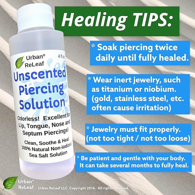 Urban ReLeaf Unscented Piercing Solution ! Non-Iodized Sea Salt Healing Soak. Lip, Tongue, Septum, Dimple, Mouth. NO Scent. Ready to use. Made Fresh in USA. Soothe & Calm.