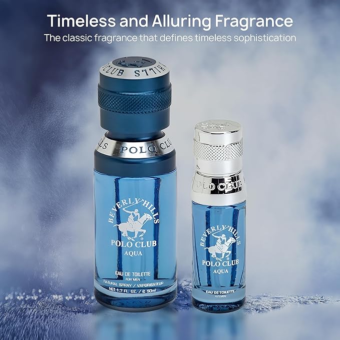 Beverly Hills Polo Club BHPC Men's Eau De Toilette Aqua Bonus Pack - Long-Lasting Fragrance for Him, 2.2 Fl Oz Total (1.7oz + Travel 0.5oz)