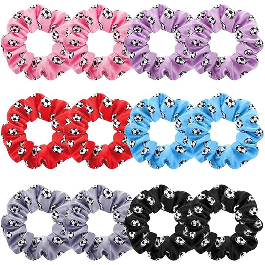 Soccer Hair Scrunchies, 12 Pieces Colorful Football Pattern Hair Ties, Elastic Ponytail Holders, Sports Team Accessories for Girls Women Players Coaches