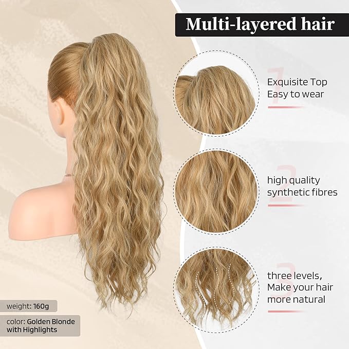 FLUFYMOOZ Ponytail Extension, 22 Inch Drawstring Ponytail Hair Extensions for Women， Long Curly Wavy Ponytail Natural Synthetic Hairpiece for Women (22" Golden Blonde with Highlights)