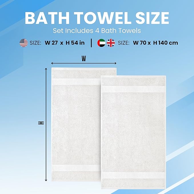 Infinitee Xclusives Luxury 100% Ring-Spun Cotton White Bath Towels Set of 4 (27x54 inches) – Soft, Absorbent & Quick-Drying Towels for Bathroom, Gym, Spa & Hotel Use (Brilliant White, Bath Towels)