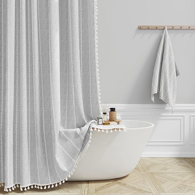 BTTN Boho Farmhouse Shower Curtain - Linen Rustic Heavy Duty Striped Fabric Shower Curtain Set with Tassel, Bohemian Vintage Country Cloth Shower Curtains for Bathroom，Grey，72" W x 84" L (Pack of 1)
