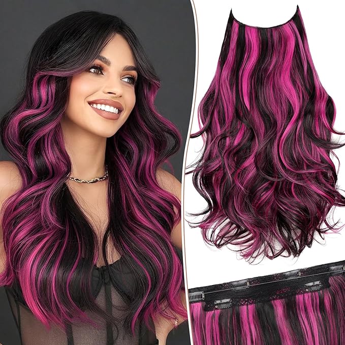 KooKaStyle Invisible Wire Hair Extensions 20"Long Wavy Layered Synthetic Clip in with Transparent Wire Adjustable Size 6 Secure Clips Black and Hot Pink Thick Hairpieces for Women 20 Inch