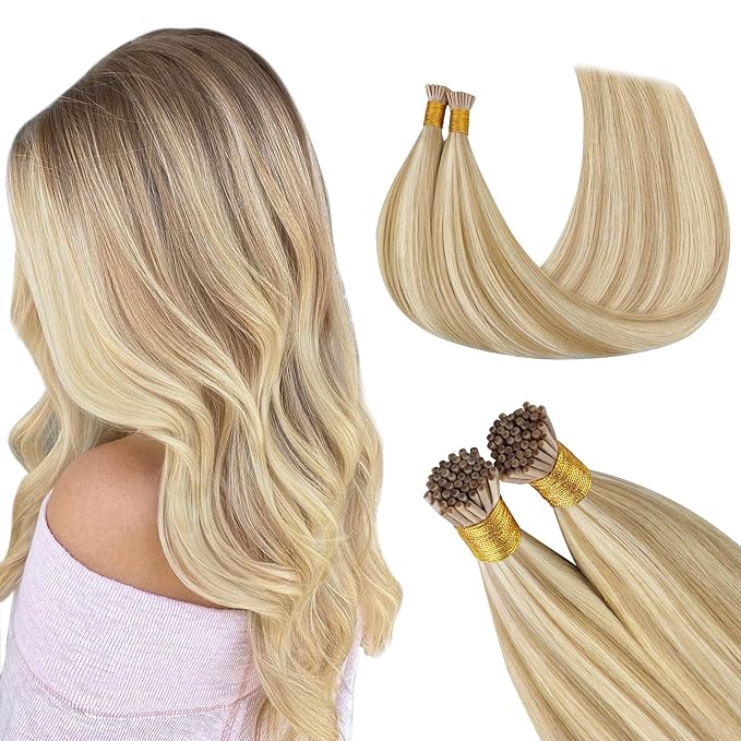 GOO GOO I Tip Hair Extensions Real Human Hair, 14inch 50g 100S, Cold Fusion I Tip Hair Extensions, Invisible Remy Hair Extensions, 18A/613A Dark Blonde Highlighted Bleach Blonde