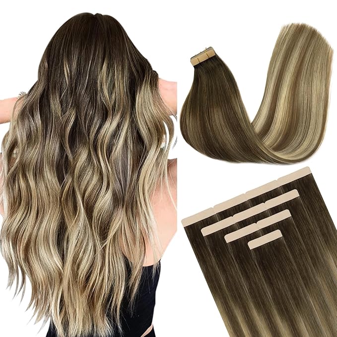 DOORES Hair Extensions Real Human Hair, Balayage Walnut Brown to Ash Brown and Bleach Blonde 26 Inch 10pcs 30g, Tape in Hair Extensions Real Hair Straight Remy Hair