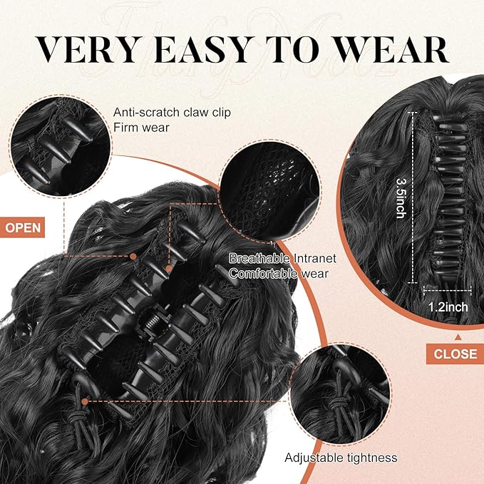 Flufymooz Ponytail Extension, 12" Short Claw Ponytail Extension Wavy Curly Jaw Clip in Pony tails Hairpiece Natural Synthetic Hairpiece for Women (Natural Black)
