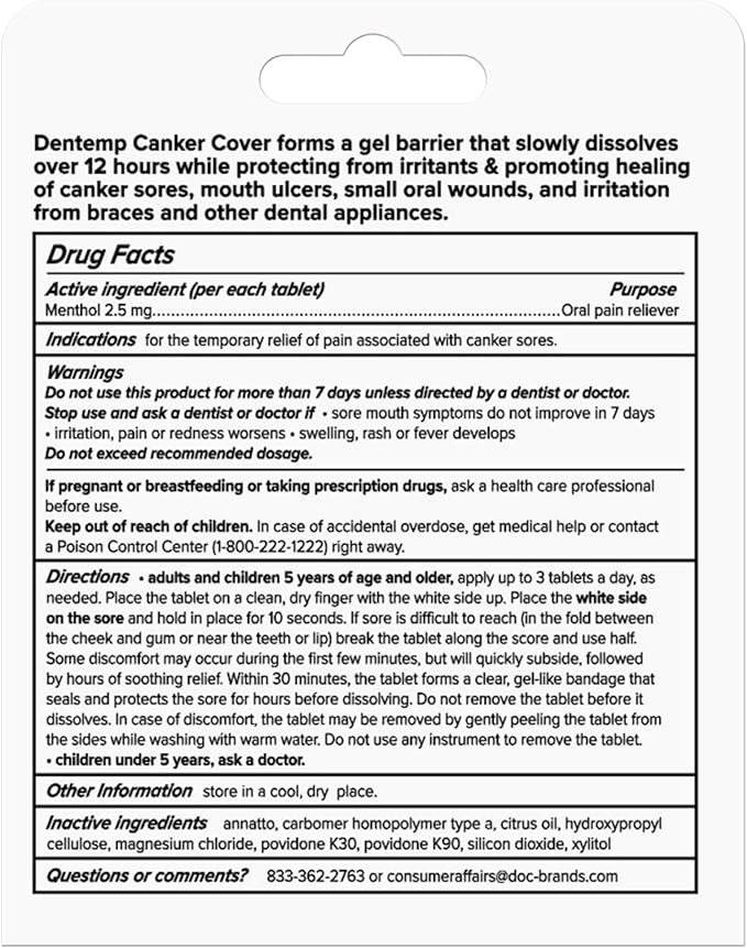 Dentemp Canker Sore Medicine 2pk Canker Cover - Oral Pain Reliever (12 Count) - Treatment to Relieve Canker Pain, Mouth Sores & Mouth Irritation - Fast Acting Canker Sore Relief Tablets for Adults