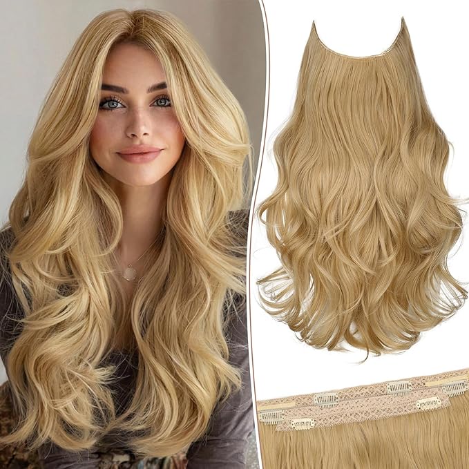 KooKaStyle Invisible Wire Hair Extensions 20"Long Wavy Layered Synthetic Clip in with Adjustable Size 6 Secure Clips Golden Blonde Natural Soft Thick Hairpieces for Women 20 Inch