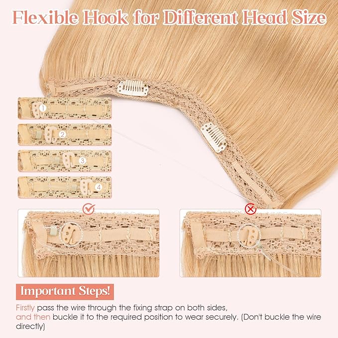Hairro Wire Hair Extensions Human Hair, Fish Line Invisible Adjustable & Clips in Extensions Straight, 100% Real Hairpieces Seamless Blending for Women, 14 Inch 70g Natural Blonde