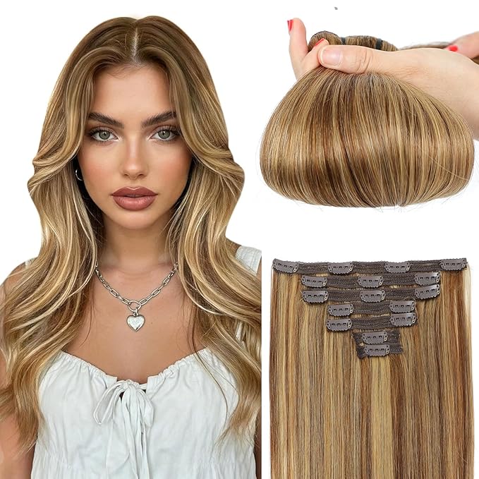 Clip in Hair Extensions Real Human Hair Chocolate Brown to Caramel Blonde 20 inch 7pcs 80g/Pack, Human Hair Clip in Extensions, Salon-Grade Quality, Easy Comfort Wear for Women (#P4/27, 20 inch)