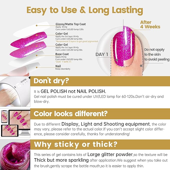 YTD Likomey Hot Pink Glitter Gel Nail Polish,15ml Shimmer Shiny Sparkly Salon Home DIY Manicure Fall Winter UV Color Varnish,SF406