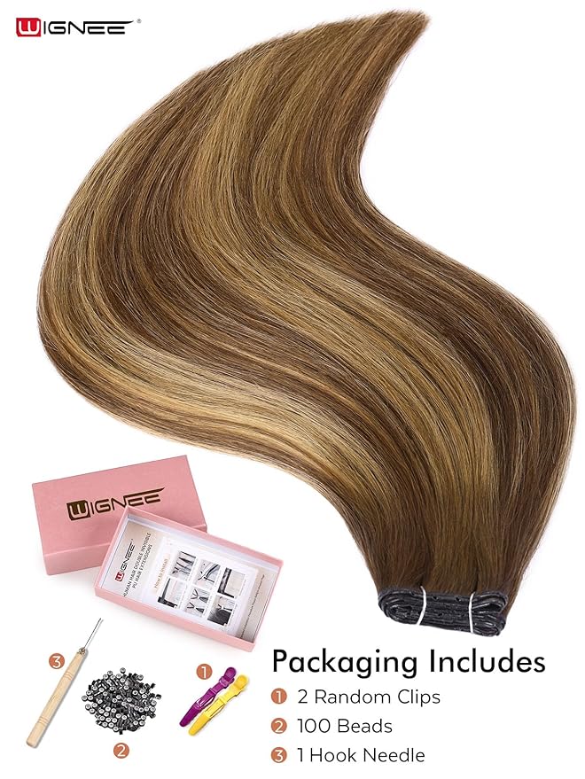 WIGNEE 12 Inch Double Invisible OVO Highlight Honey Blonde Human Hair Extensions 2 PCS,No Glue Hair Weft with Holes,Trimmable & Reusable 13 Inches Width Wefts for Short/Thin Hair,Salon Quality (T4/27)