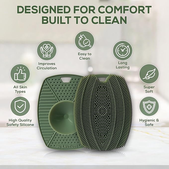 Silicone Body Scrubber - Gentle Exfoliating Shower Brush with Suction Handle & Hook, Soft Loofah Alternative for Men, Women, All Skin Types - Sage Green
