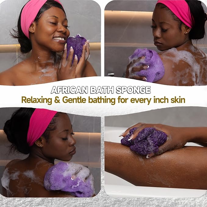 SubSahara Authentic African Net Sponge - 2 Pieces Exfoliating Scrubber for All Skin Types, Bath Sponge for Face & Body, Travel Portable, Durable, Gentle Exfoliation (Deep Purple & Iavender Purple)