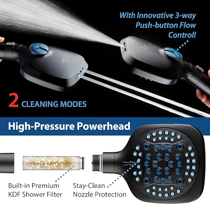 6-way High Pressure 82 Spray Mode Filtered Showerhead Combo - Handheld Shower Head Filters Chlorine to Heal Dry Skin, Revive Hair - Dual Power Wash Cleans Tub, Tile, Pets - Hard Water Softener, Black