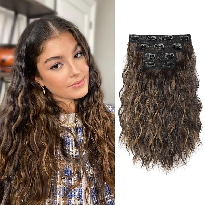 REECHO Clip-in Hair Extensions, 4PCS 14" Wavy Hairpieces - Invisible Lace Weft, Natural Soft Hair - Dark Brown with Highlights
