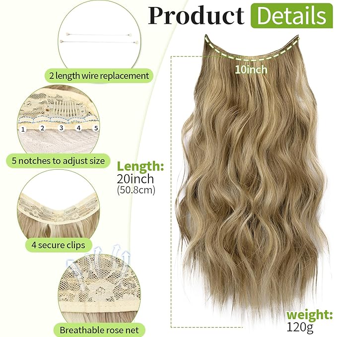 KooKaStyle Invisible Wire Hair Extensions with Transparent Headband Adjustable Size 4 Secure Clips Long Wavy Secret Wire Hairpiece for Women (20 Inch, Light Brown mix Golden Blonde)