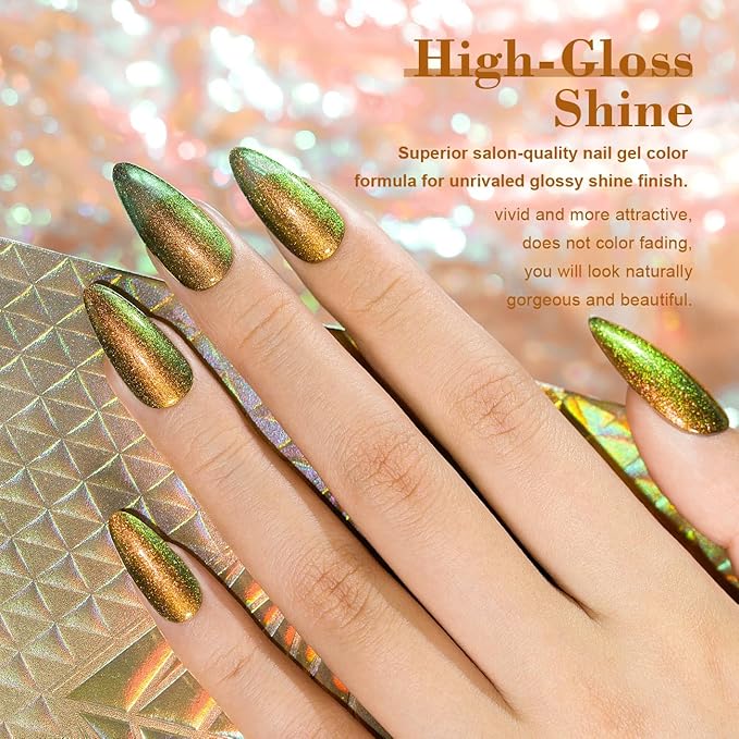 RARJSM Chameleon Chrome Nail Polish Gel Orange Yellow to Green Color Changing Glitter GelPolish 15ML Multichrome Sparkle Shimmer Nail Gel Varnish Soak Off Curing Requires DIY at Home Salon 15ml