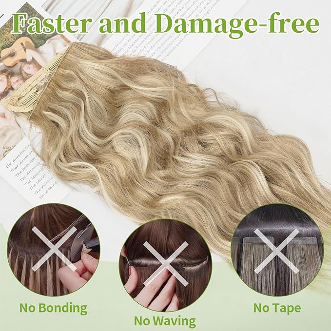 KooKaStyle Invisible Wire Hair Extensions with Transparent Wire Headband Adjustable Size 4 Secure Clips Long Wavy Hairpiece for Women(Beige Blonde mix Lvory Blonde Highlights16inch)