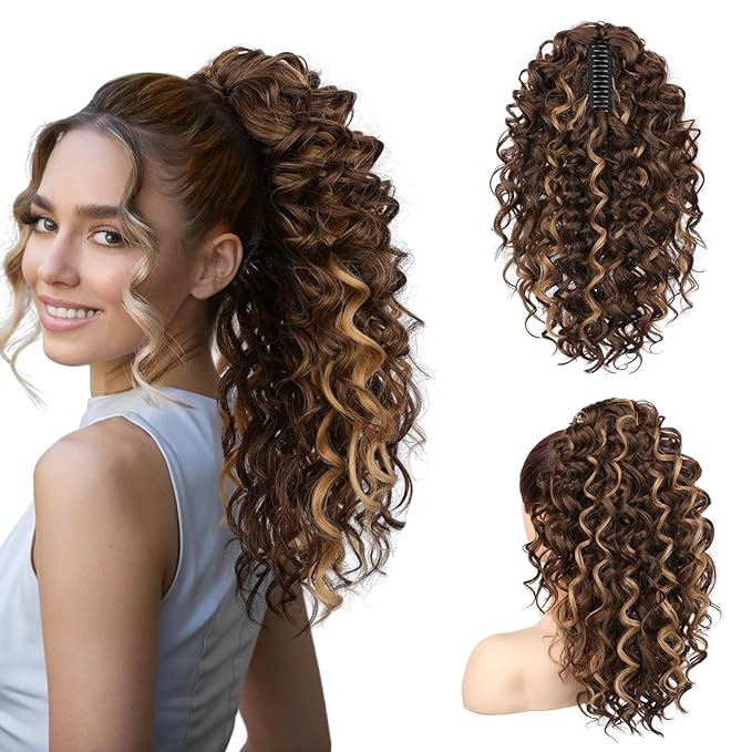 SEIKEA Ponytail Extension, 18" Claw Clip Ponytail Extension Wavy Curly Jaw Clip in Ponytail Hair Extensions Fluffy Natural Soft Fake Pony Tails Synthetic Hairpiece Chocolate Brown/Blonde Highlights