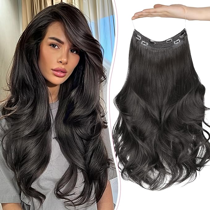 Invisible Wire Hair Extensions Layered Long Wavy Natural Black Hairpiece for Women Transparent Wire Adjustable Size 6 Secure Clips Invisible Headband Hair Extension 20 Inch