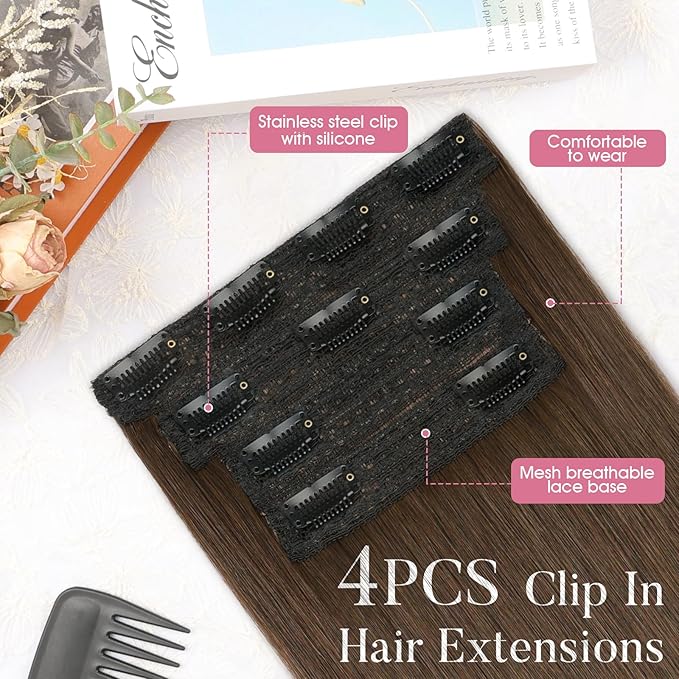 Clip in Synthetic Hair Extensions Long Straight 4PCS Thick Hairpieces Medium Brown Fiber Double Weft Natural Hair Extensions 22 Inch for Women
